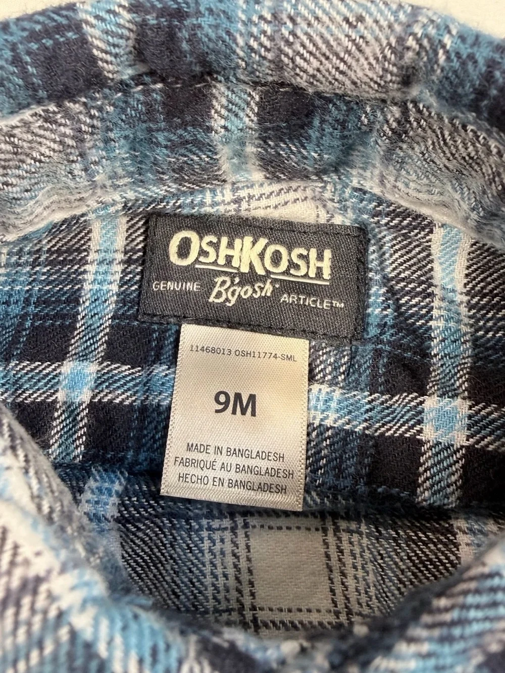 OSHKOSH BGOSH Baby Plaid Flannel Shirt Bodysuit Size 9M Blue Lumberjack Cozy‎